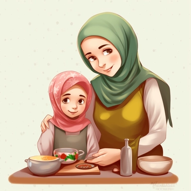 As a woman wearing hijab 28 - year - old making dinner, little kid six - year - old beside the woman, cartoon character, art, image clipart, high definition drawing, clean colors, balanced colors