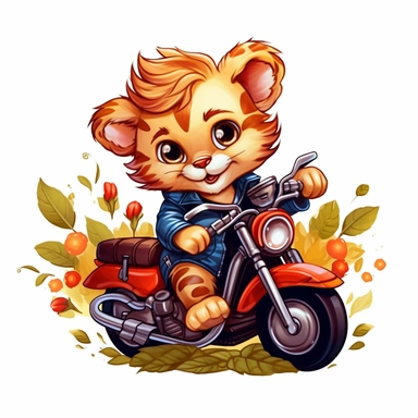 Create a clipart of a cute baby lion in a leather jacket riding a vintage motorcycle. Strong and vibrant colors. Jungle trees before a White Background, soft lighting.