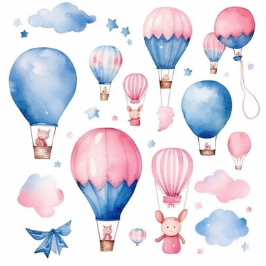 watercolor baby shower cliparts, balloons, blue, pink, boy or girl, white backrounds