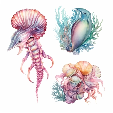 delicate colours Set of Underwater Animals. Watercolor hand drawn illustration of sea Fish on isolated background. Big undersea bundle with seahorse, jellyfish and turtle. Drawing of marine wild life for clipart.