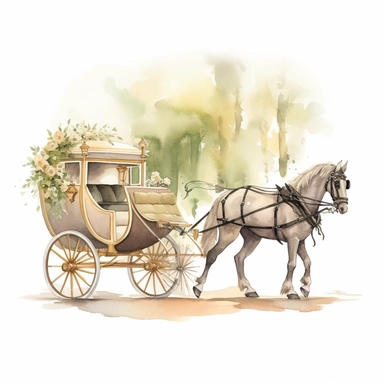 Horse and Carriage Clipart: This watercolor piece captures the vintage charm of a horse and carriage, ideal for a rustic elegant wedding. The colors used are soft browns, ivory, and green.