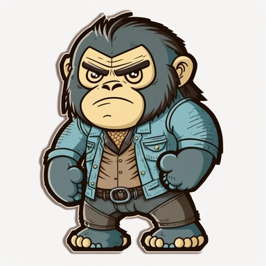small cute anthropomorphic Chibi gorilla animal, dressed like a man, wearing jeans and t-shirt, clipart, in sticker style, in comics style, cell shading