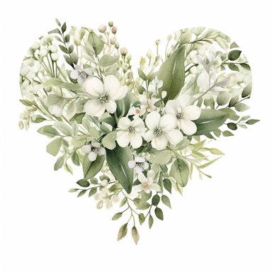 off white watercolor heart, sage green, florals, simple, clip art