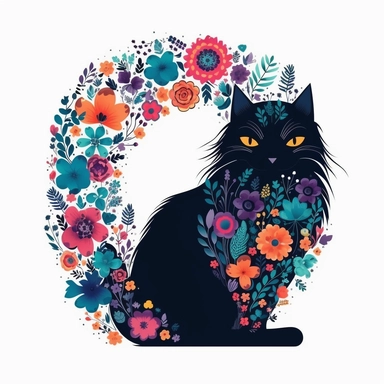 shaggy cartoon style cat in the center of vibrant colored boho style flowers in a heart shape border, silhouette vector flat simple identification symbol white backround white background minimalistic clipart png svg
