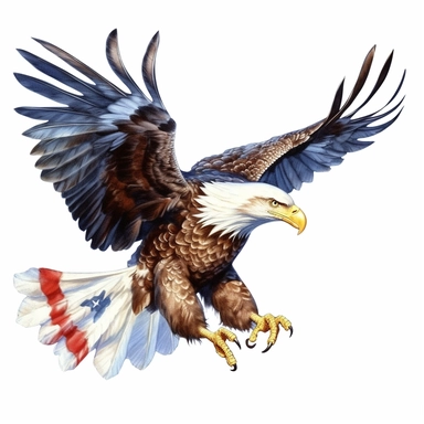 flying bald eagle with american flag in his talons, clip art, white background