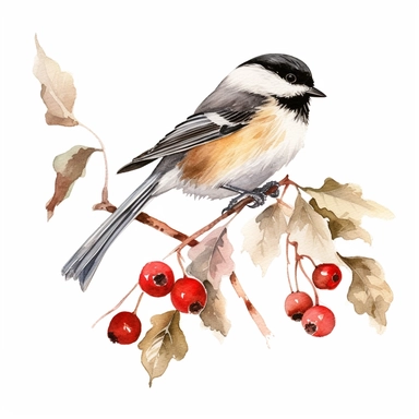 realistic watercolours Chickadee perched on a branch with berries against a white background, clipart