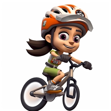 cartoon chibi girl riding a mountain bike downhill in action, smiling, wearing a bicycle helmet with straps,full body, downhill bicycle clipart, Sport graphics, isolated on white background, 3d, rendered by pixar