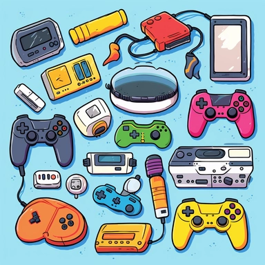 Design a clipart set that depicts various iconic video game characters, platforms, and accessories. Add images of different video game consoles like Nintendo Switch, Xbox, or PlayStation, and include controllers, headsets, and other gaming accessories.