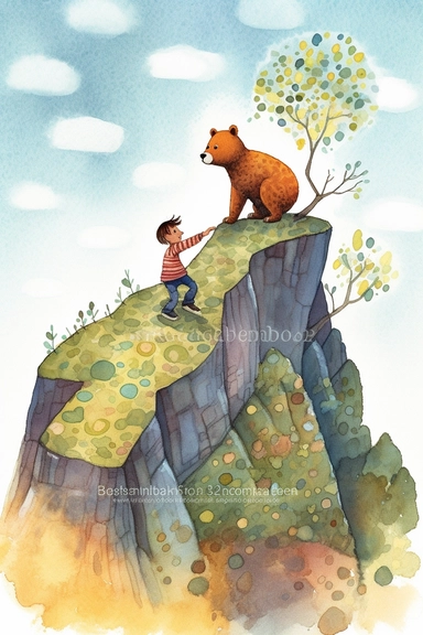 A 5 years old boy and a bear are climbing a rock mountain with blue sunny sky, isolated on white background, clipart, loose, watercolor gouache, textured, paper, naive folk art, whimsical, in the style of Lilla Rogers agency illustrator, isometric perspective, storybook style, pastel color, subtle patterns, stripes, dots, floral