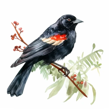 a single watercolor Red-winged Blackbird sitting on a leafy branch clipart, hd, white background, spaced out