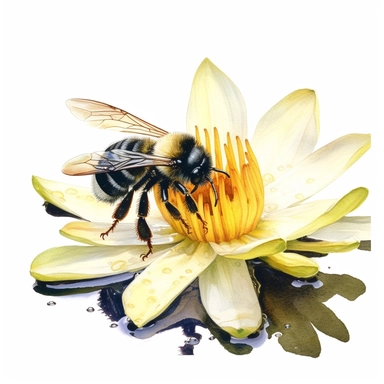 watercolor art of bumble bee on lilly pad, in the style of realistic and hyper-detailed renderings, sketchfab, ahmed morsi, realistic watercolor paintings, use of common materials, handcrafted designs, with white background clipart