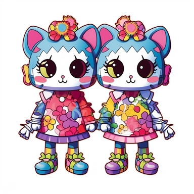 two Takashi Murakami style cats holding hands wearing cute dresses with big cartoon shoes, with bows in the hair , clip art, Japanese