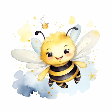 watercolor, watersplash, a cute little honey bee smiling, flying, enjoying, stars, whimsical,clouds, clipart, hd, on white background