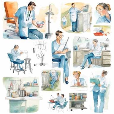watercolor doctor related scenes  Products for dentists to screen, diagnose & treat patients, illustrations clipart set, simple, , cartoon elements ,different variants , nurse, doctor, ,separate elements with a margin