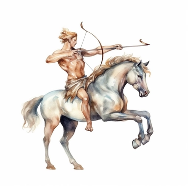 A clipart of a centaur with a bow and arrow, painted in watercolor style, designed on a white background.