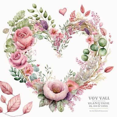 Watercolor Valentine, Valentine clipart, Heart clipart, Valentine PNG, Love clipart, Valentineday clipart, Heart wreath, Pink clipart, on white background