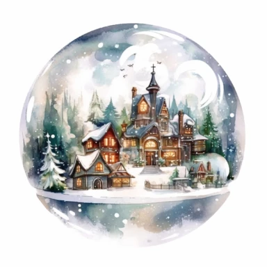 one christma clipart on a white background, clear snowball clip art with houses, ornaments and snowflakes, in the style of naturalistic, atmospheric animal paintings, tanya shatseva, translucent water, emerald and brown, forestpunk, panoramic scale, depictions of theater , no watermark, text, 300 DPI , typography, shapes do not stick together, no text in the picture, on a white background