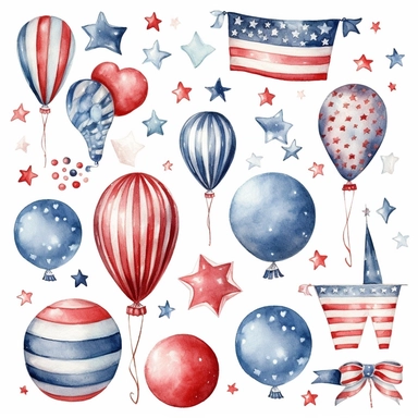 Independence Day (4 th of July) Collection. Hand drawn watercolour graphic paint on white background, isolated clip art elements for holiday decoration and celebration design. Red, blue, white color.