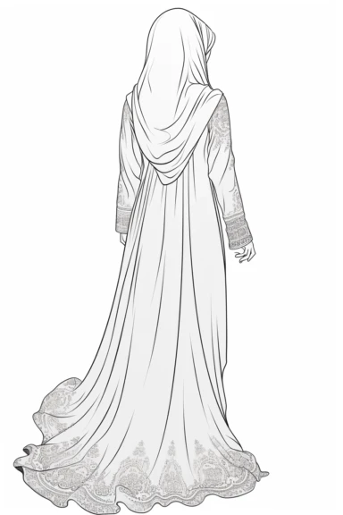 coloring page of a Hijabi woman back view clipart, muslim lady clipart, veiled woman clipart, floral lady hijab clipart , coloring book page for teens, no text, clean and simple line art
