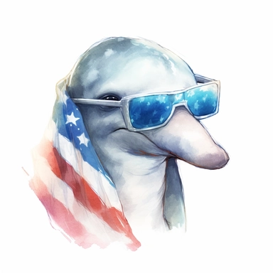 Amazon river dolphin, wears American flag scarf and sunglasses, medium shot, low angle, watercolor style, hyper-realistic animal illustrations, 2d game art, quadratura, clipart, on white background,