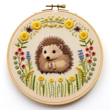 Hand embroidered hedgehog clipart on a flat white background, standing on the grass, It is surrounded by small yellow and red flowers In the shape of a circle,