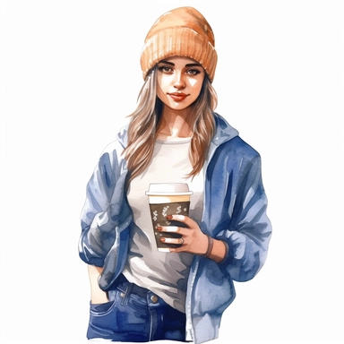 watercolor style, a beautiful girl in casual clothes holding a paper cup of coffee, realistic colors, realistic image. Clipart, isolated on white background, 4K