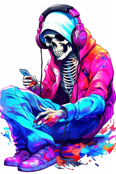 Skeleton playing video game, wearing headphones, playstation, very vibrant colors, cartoon style, white background, clipart, colorful, HD