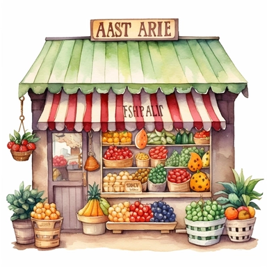 watercolor, cute fruit store, clipart, paster colors