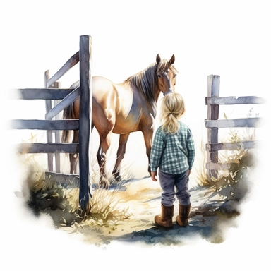 watercolor photo of a small child looks at a horse that stands behind a fence, warm sunlight, hyper realistic, isolated white background, 8k, ultra detailed clipart, warm green
