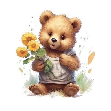 Cute Beautiful bear holding a flower Sublimation Clipart, Cartoon, hyper realistic, intricate detail, illustration style, high solution, on the white background