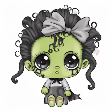 baby girl frankenstein with curly black and white hair, bow in hair, rods coming out of head, stitches on forehead, clipart