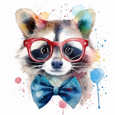 please create watercolor clipart of a raccoon smiling, wearing party GLASSES AND BOW TIE and bubbles, colorful, WHITE BACKGROUND