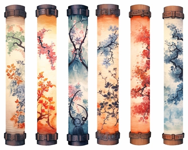 watercolor clipart collection of japanese scrolls, vibrant colors, isolated, high definition, ultra high resolution, vibrant, intricate details, bolded outlines, white background