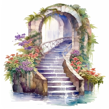 clipart, watercolor stair leading toward a waterfall, in the style of intricate, delicate flower and garden paintings, stone, rough clusters, small brushstrokes, arched doorways, colorful gardens, white background