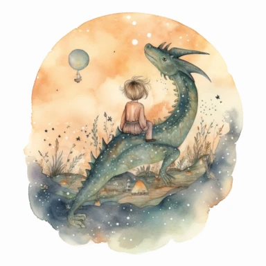 showing from the back a toddler soar through the sky on the dragon's back. They can see the entire magical forest below them , and the stars twinkle above, watercolours, boho style, clipart