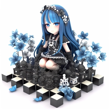 cute little dark magent + blue chess surrounded by flowers Beautiful Gothic Fantasy, 3d objects, clipart, white background, kawaii