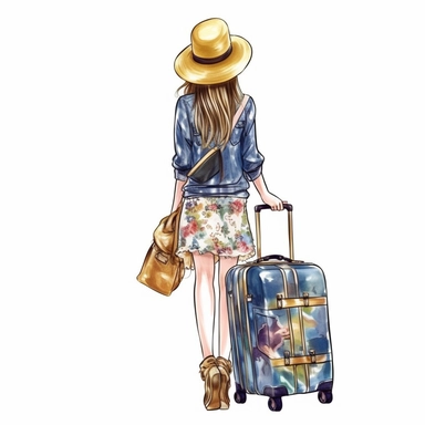 Cute Beautiful Travel Girl pulling suitcases Back View Sublimation Clipart ,Cartoon,hyper realistic, intricate detail, illustration style,high solution,on the white background