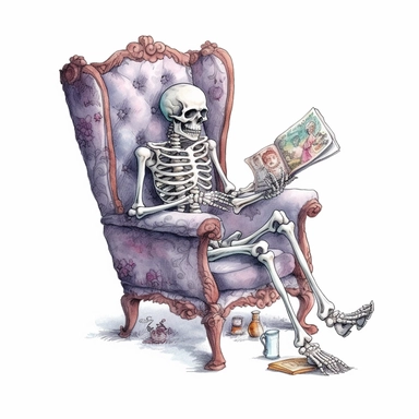 Skeleton reading a book, sitting on a chair, cartoon, illustration, comic, cute, white background style by Lucy Fleming, watercolor, smooth gradients, black contour outline, ultra detailed, clipart elements, delicate pastel colors, solid white background, super clear, high quality