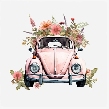 clipart, vintage white Volkswagen bug convertible with the top down, convertible top down, surrounded by muted pink florals , clean white background