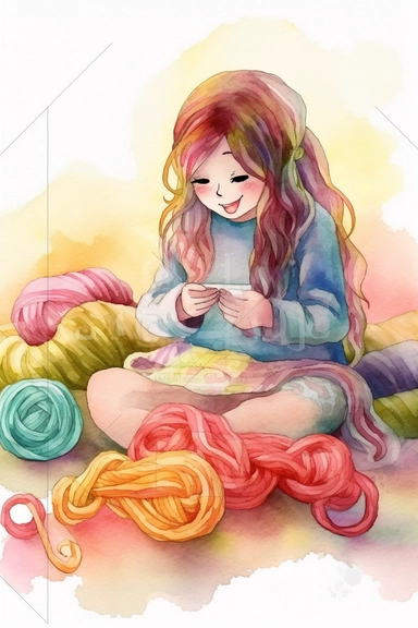 young girl crocheting, sitting on the carpet surrounded by yarn, smiling, watercolour, kawaii, clipart