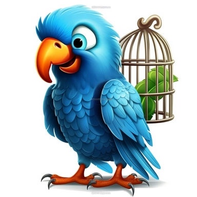 a cartoon like blue parrot with an orange beak, big blue eyes, full body, full of blue feathers, sad, upset, crying, in a big bird cage, children book style illustration, clipart style, HD, highly detailed, no watermark –ar 3:2 634894548