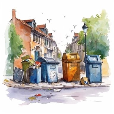 urban scenery, with trash cans and boxes. Pixar childrens book cartoon style, detailed, modern, urban, watercolor, full color, flat color, white background. children book illustration. Watercolor clipart. Pixar animation