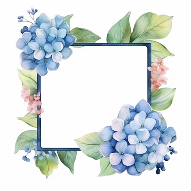 hydrangea Floral, square Frame, Watercolor Clipart, Cartoon style, Webtoon Resources, White Background