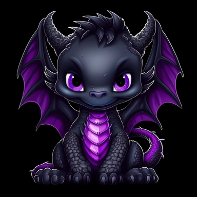 cute cartoon black and purple dragon clipart, black background,--no cut off edges