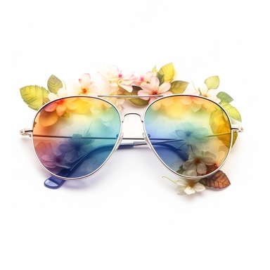 create a clipart featuring a pair of floral aviator mirrored sunglasses, a straight view, a mix of vibrant and pastel colors, rainbow colors, watercolor, against a white background, realistic