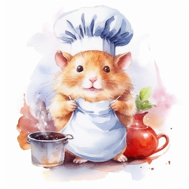 watercolor clipart, A cute chubby hamster, wearing a chef's hat, Cooking food in the kitchen, tasty, white background, high solution
