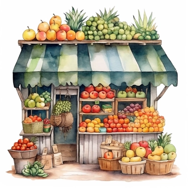 watercolor, cute fruit store, clipart, paster colors