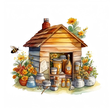 A cute backyard beekeeping ,beehive,beecomb,Watercolor Clipart, Pot of honey, Bumble bee, Honey jar, Honey, Illustration clipart, 4K, extremely detailed,white background, no background, watercolor hand drawn illustration by Emma Bridgewater,Cath Kidston style, Sublimation graphic, clean white background for removing background - - no text shadow font watermark