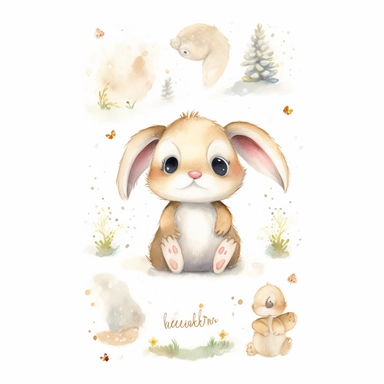 cute chibi bunny rabbit with droopy ears, simplistic doodle, full body view, watercolours and shiny gold glitter, prominent visible brush strokes, by amanda clark, watercolor clipart png on white background with free margins