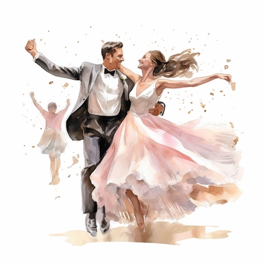 watercolor, hyper realistic, white background, white margins, 16k, ultra detailed clipart, cut out image, hand-drawn, whimsical a groom and bride doing a whimsical and choreographed dance routine, adding a touch of creativity and entertainment to their celebration. ultra HD, sharp and clean art